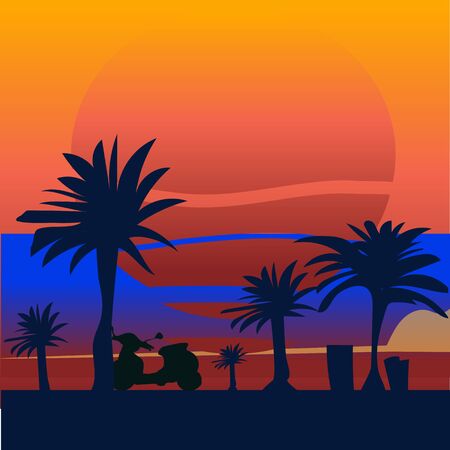 Old vintage motorbike rider motorcycle silhouette in palm landscape background illustration vectorのイラスト素材