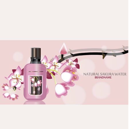 Sakura perfume ads, realistic style perfume in a glass bottle on blur rose background with bokeh with sakura flowers. Great advertising poster for promoting a new fragrance Vector template. springのイラスト素材