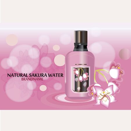 Sakura perfume ads, realistic style perfume in a glass bottle on blur rose background with bokeh with sakura flowers. Great advertising poster for promoting a new fragrance Vector template.のイラスト素材