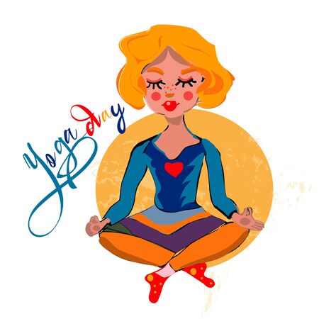 Funny yoga illustration in cute cartoon style. pretty girl makes meditationのイラスト素材