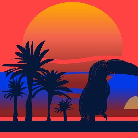 romantic toucan with tropical leaves vector illustration , palms and sunset, cardのイラスト素材