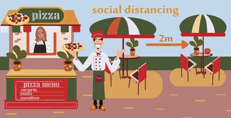 COVID-19 Safety food quarantine and prevention.distance pizza cafeのイラスト素材