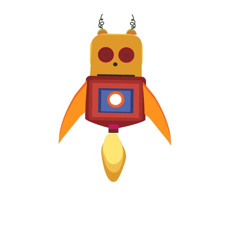 A happy cute flying red robot man with boosters on his feet taking off and waving,in open spAceのイラスト素材