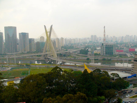 Part of the Marginal Pinheiros, showing the cable-stayed bridge, the pine river, traffic and buildings in the city of S?o Paulo, Brazil. 2014のeditorial素材