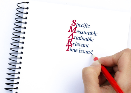 Acronym SMART as Specific, Measurable, Attainable, Relevant, Time bound written on notebook. Conceptual imageの写真素材