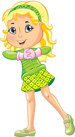 blue-eyed blonde girl happy pinneapple-like wearing clothes and pink glovesのイラスト素材