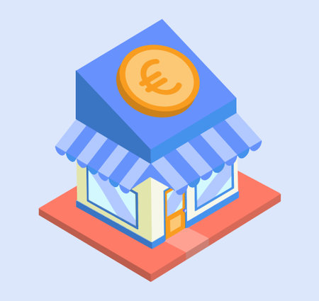 simple vector and geometric style illustration of a store with a euro coin on the roofの写真素材