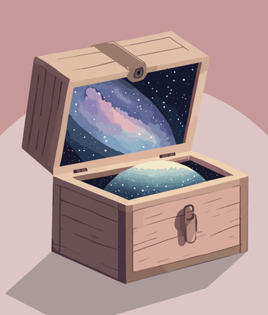 cutout illustration of an open wooden box with a galaxy in space inside in simple flat graphic design styleの写真素材