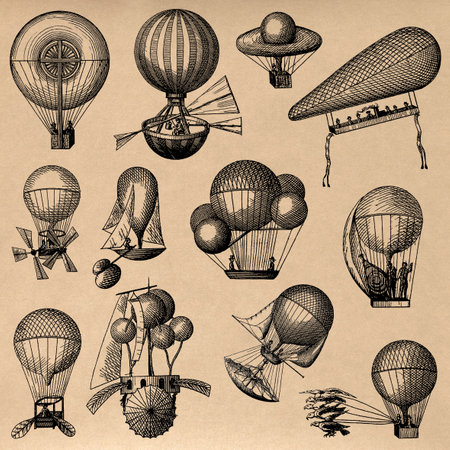 collection of old vintage illustrations of hot air balloons in a cut out engraving drawing styleの写真素材