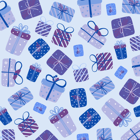 illustration of lots of gifts on blue background in simple flat design styleの写真素材