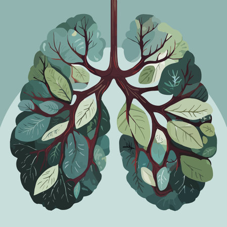 colorful illustration of human lungs taking the shape of a tree with its foliage in a cut out flat design styleの写真素材