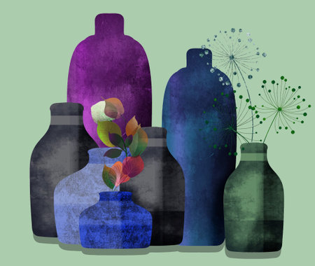 cut out illustration of several decorative pots of different colorsの写真素材