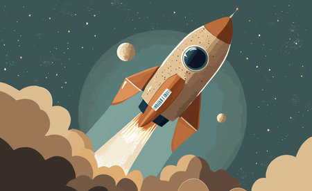 flat design graphic illustration of a rocket taking off in the cloudsの写真素材