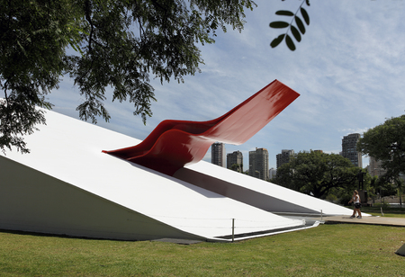 SAO PAULO, BRAZIL - Circa January 2014: The Theater in Ibirapuera Park. The theater is one of the landmarks of Ibirapuera Park, Which is a major urban park in Sao Paulo.のeditorial素材