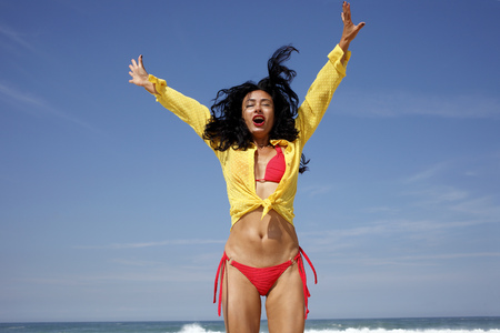 Woman celebrating goal in soccer Brazilの写真素材