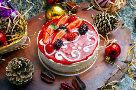 Cake with strawberry topping, blackberries with christmas decorationの写真素材