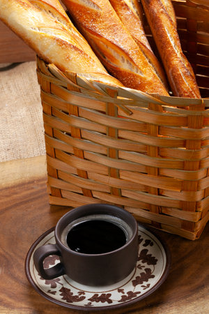 Breakfast with coffee and breadの写真素材