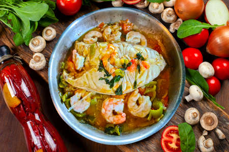 Moqueca, a traditional Brazilian dish with badejo fish and large shrimp, Badejoの写真素材