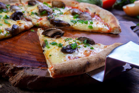 Pizza with mozzarella, tomato sauce and mushroomsの写真素材