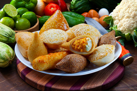 Brazilian snacks, esfirra, kebab, patty, coxinha, sausage wrappedの写真素材