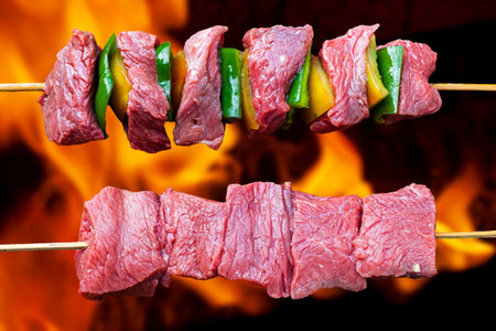 delicious raw meat skewer barbecue, beefの写真素材