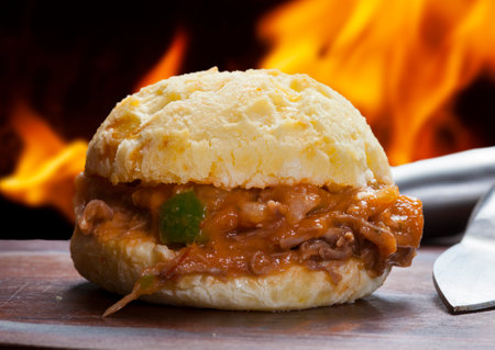 Breakfast with stuffed cheese bread, stuffed with shredded meat pao de queijoの写真素材