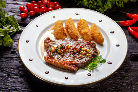Steak with fries food, potatoの写真素材