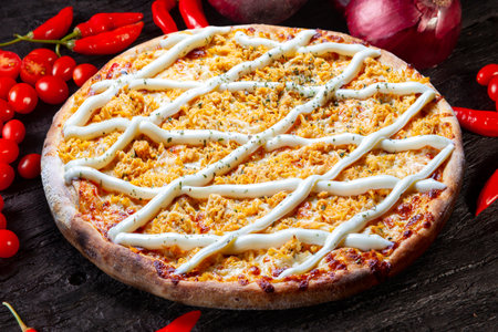 Cheese, Catupiry and chicken pizzaの写真素材