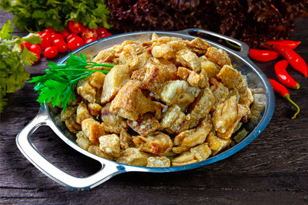 pork rinds (torresmo) on rustic wooden table in restaurant. typical dish of Brazilian and Asian cuisineの写真素材