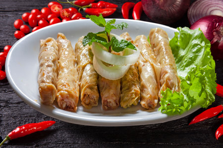 yabrak stuffed grape leaves or stuffed cabbage leavesの写真素材