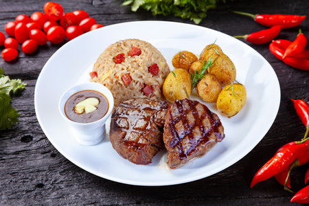Roasted steak meat, potatoes and riceの写真素材