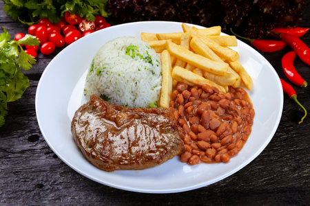 Rice, beans, french fries and meatの写真素材