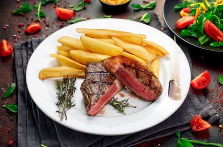 Plate with French fries and grilled steak meat Picanhaの写真素材