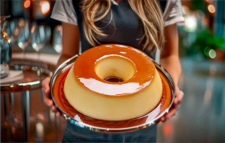 Confectioner holding a puddingの写真素材