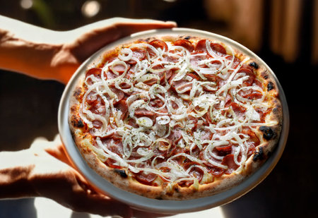 pepperoni pizza with onionsの写真素材