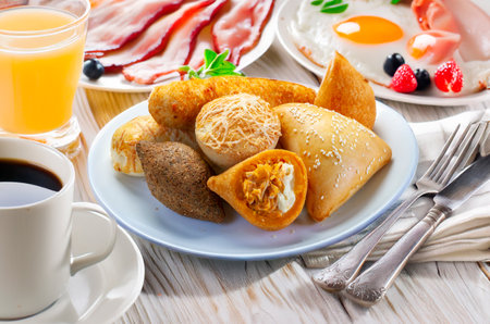 Breakfast with Brazilian snacks, Mixed brazilian snack foodの写真素材