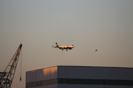 Rio de Janeiro, Brazil, August 7, 2017:  Azul's plane overfly waters from Guanabara Bay to land at...