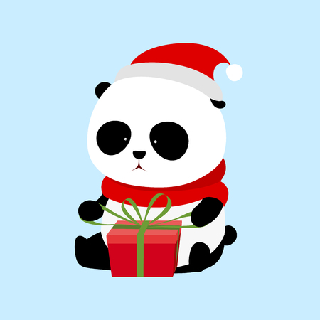 A cute cartoon giant panda with red scarf and red christmas hat is sitting on the ground opening a christmas present / gift wrapped with red present box and green ribbons.のイラスト素材
