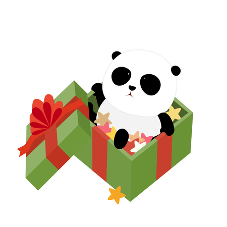 A cute cartoon giant panda is sitting in a christmas present box filled with colorful stars and wrapped with green wrapping paper and red ribbonsのイラスト素材