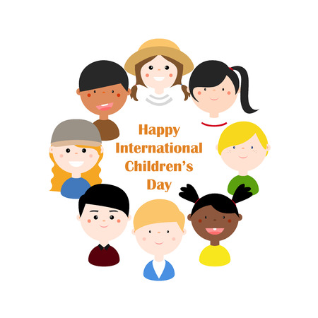Children with different nationalities, skin colors, clothes in a circle. Cute, cartoon, colorful, simple, flat, abstract, for Happy International Children's Day.のイラスト素材