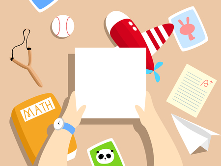 A school boy's desk with toy plane, paper plane, test paper, math textbook, photos, baseball, slingshot on it. A blank paper / card is held by a child's hands.のイラスト素材