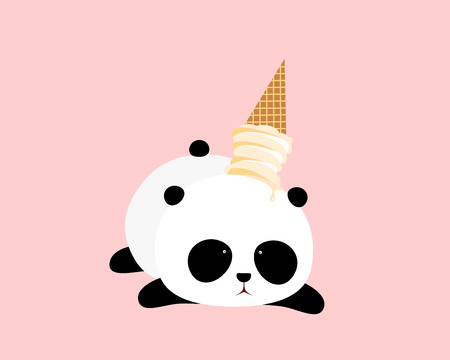 A cute cartoon giant panda falls down on the ground, a melted ice cream falls on his headのイラスト素材