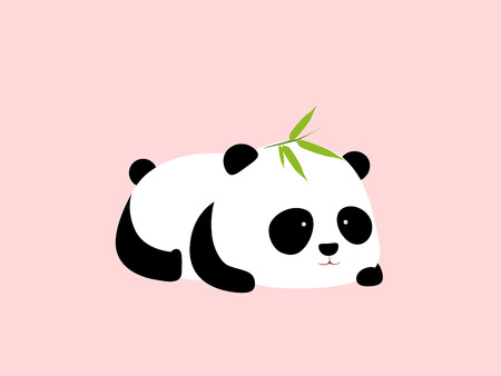 A cute cartoon giant panda lies on its stomach, with bamboo leaves on its headのイラスト素材