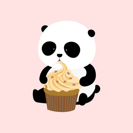 A cute cartoon giant panda is sitting on the ground, holding and eating a big mango flavor cupcake with cream and chocolate chips.のイラスト素材