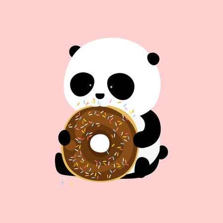 A cute cartoon giant panda is sitting on the ground, holding and eating a big chocolate doughnut / donut with icing and colorful sprinkles.のイラスト素材
