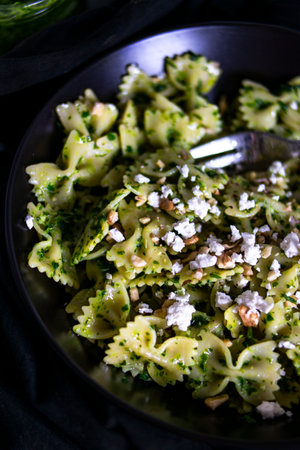 Pasta with pesto.Cooking process step by step in the kitchen.