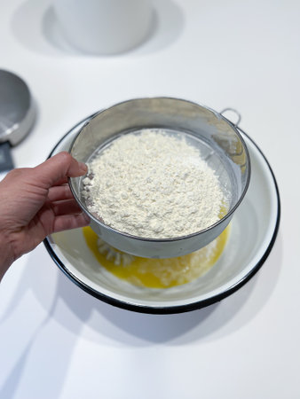 Person adding flour to liquid in bowl, preparing a dish in the kitchenの写真素材