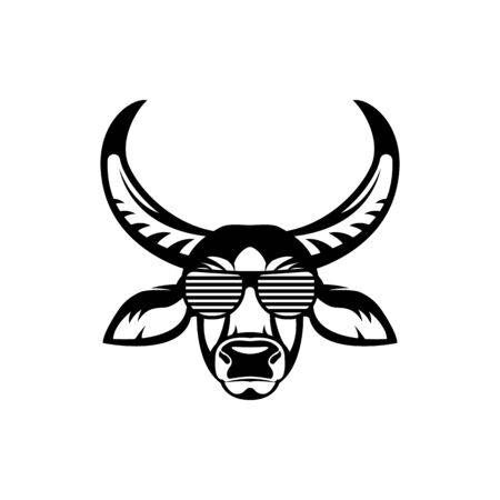 Vector asiatic buffalo head, face  for retro hipster logos, emblems, badges, labels template and t-shirt vintage design element. Isolated on white backgroundのイラスト素材