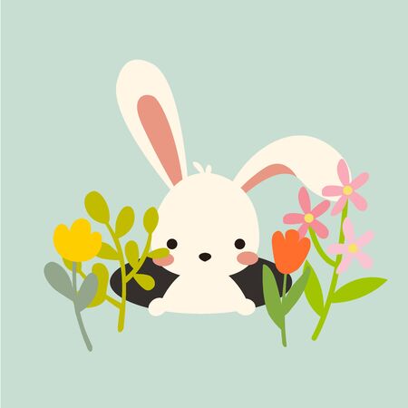 Cute vector easter bunny in hole with flowersのイラスト素材