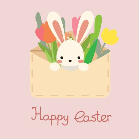 Cute kawaii cartoon flat vector easter white bunny, rabbit sit, look out from envelope letter with spring flowersのイラスト素材